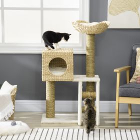 Cattail Weave Cat Tree for Indoor Cats Kitty Tower with Cat Condo (Option: Natural Wood-580x385x325 mm)