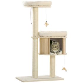 PawHut 3 Level Cat Tree With Sisal Scratching Posts  Cat Badminton Toy For Playing  Soft Cushions  Play Areas (Option: Natural)
